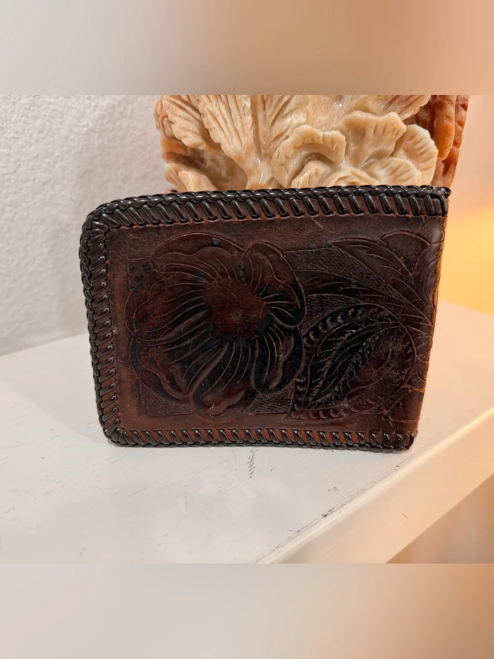 Vintage Tooled Leather Wallet Money Clip Western Floral